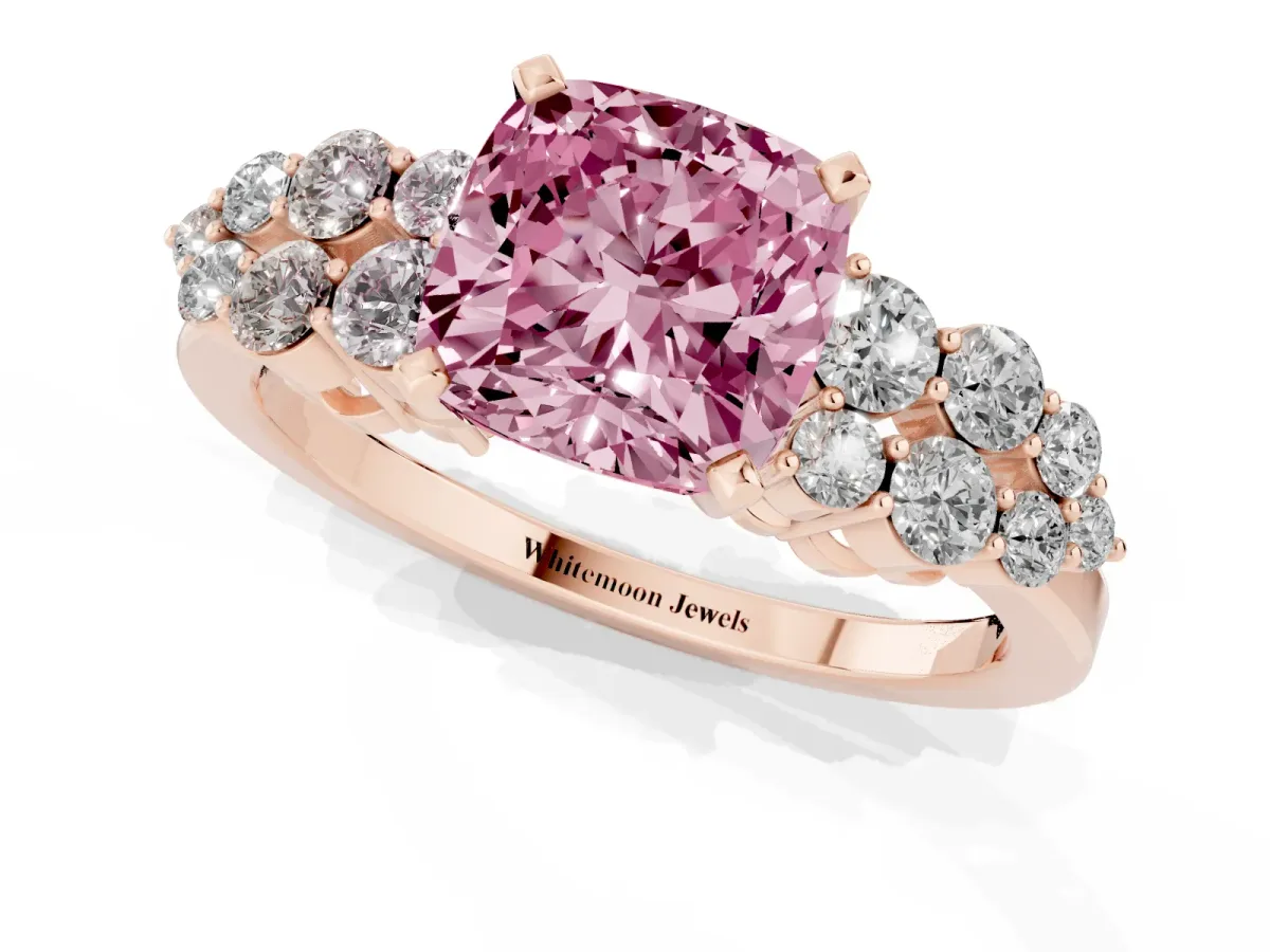 Fancy Pink Cushion Cut Cluster Diamond Engagement Ring with Pavé Band and Four-Prong Setting Rose gold