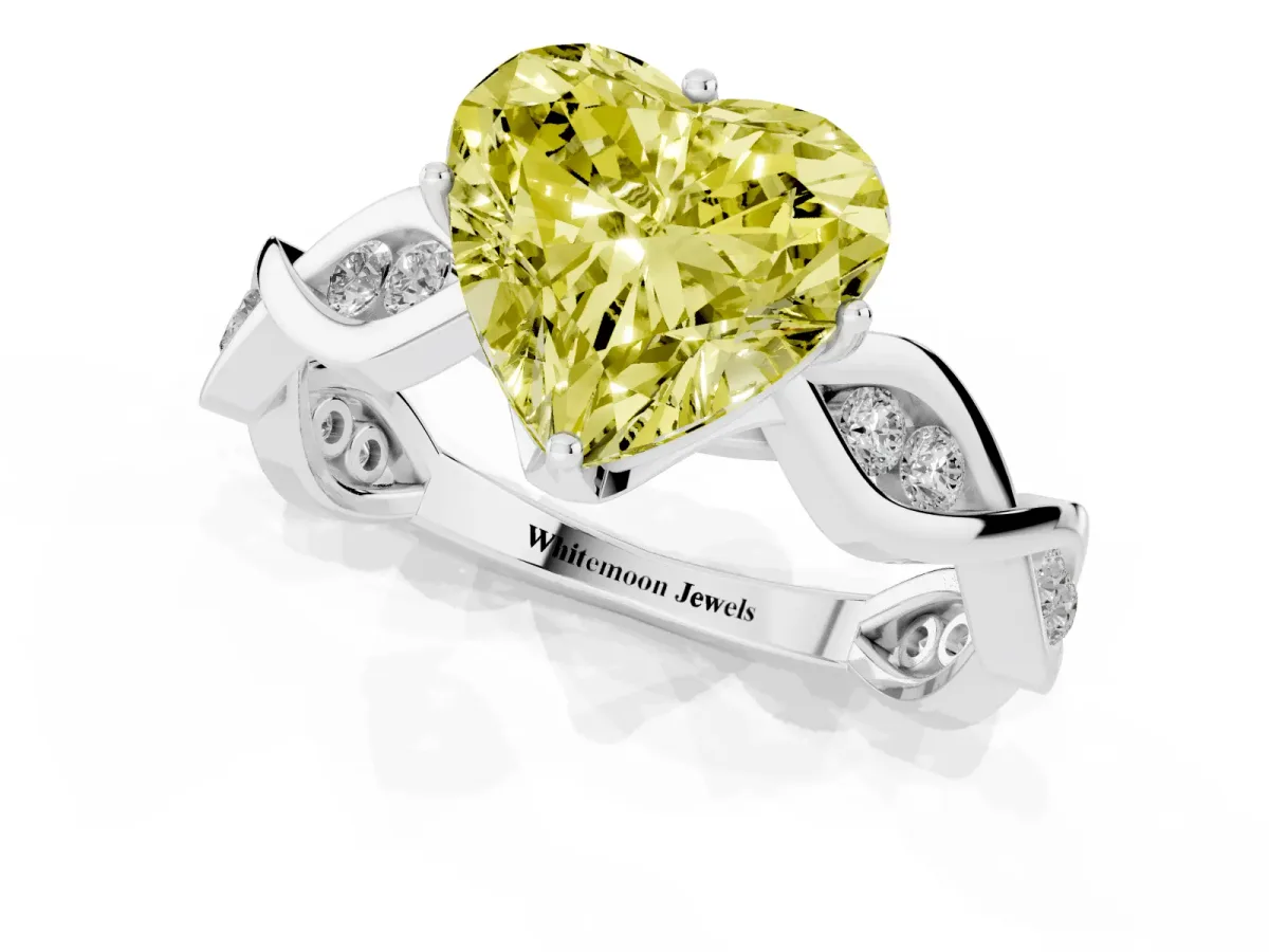 Fancy Yellow Heart Cut Solitaire Twist Band with Leaf Prong Setting White gold