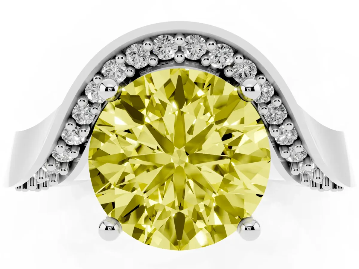 Fancy Yellow Round Cut Solitaire Diamond Engagement Ring with Pave Band and Four-Prong Setting Silver