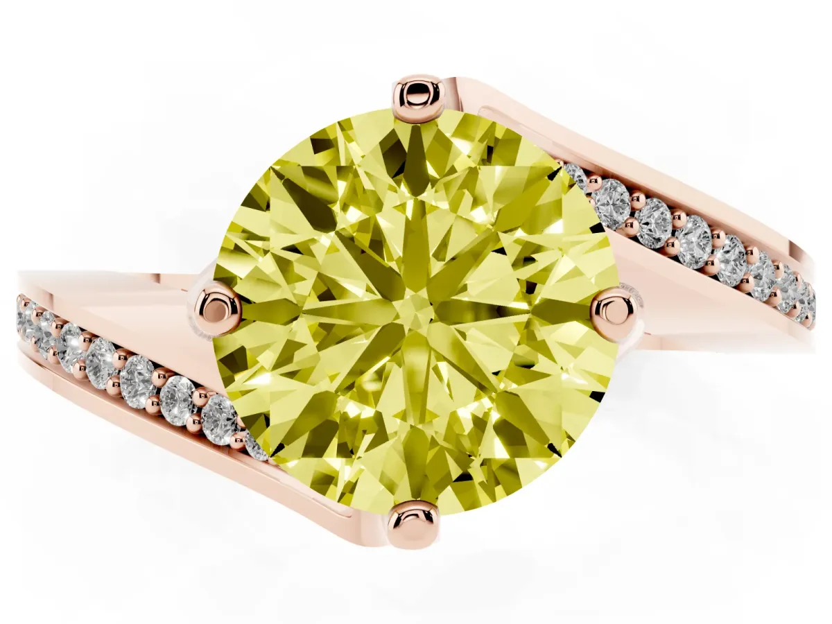 Fancy Yellow Round Cut Solitaire Diamond Twist Band with Pavé Setting and Four-Prong Setting Rose gold