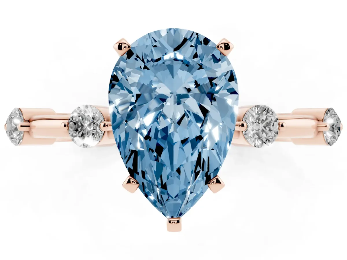 Fancy Blue Pear Cut Solitaire Diamond Ring with Bezel Set Side Stones and Prong Setting Rose gold