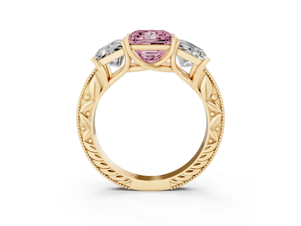 Fancy Pink Three-Stone Princess Cut Cut Milgrain Pavé Engagement Ring Yellow gold