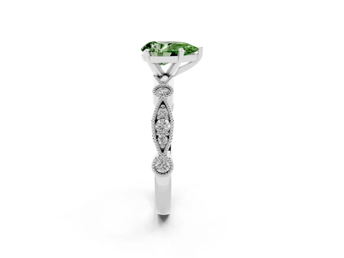 Fancy Green Pear Cut Milgrain Bezel Diamond Engagement Ring with Solitaire Prong Setting Silver