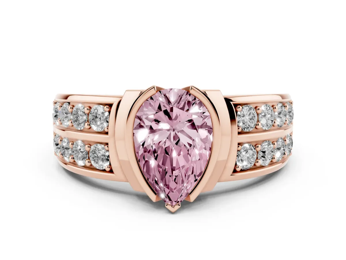 Fancy Pink Pear Cut Brilliant Diamond Channel Set Wide Band Ring with Bezel Setting Rose gold