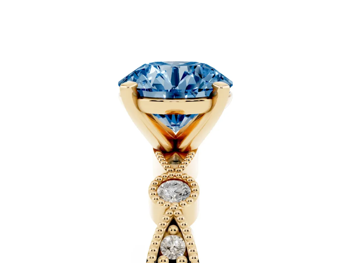 Fancy Blue Round Cut Milgrain Bezel Diamond Engagement Ring with Solitaire Prong Setting Yellow gold