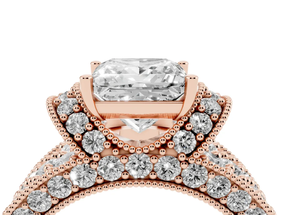 Princess Cut Halo Pave Diamond Engagement Ring with Milgrain Detailing Rose gold