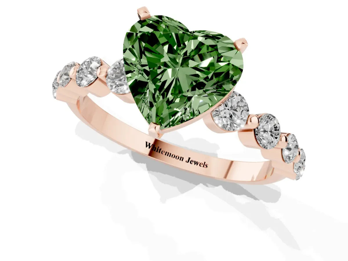 Fancy Green Heart Cut Solitaire Diamond Ring with Pave Band and Four-Prong Setting Rose gold