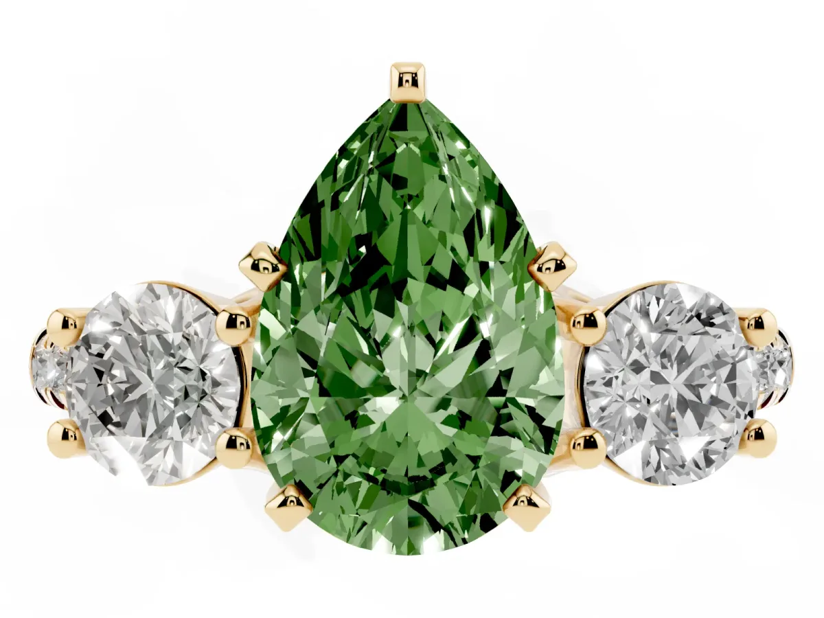 Fancy Green Three-Stone Pear Cut Diamond Pavé Band with Four-Prong Setting Yellow gold