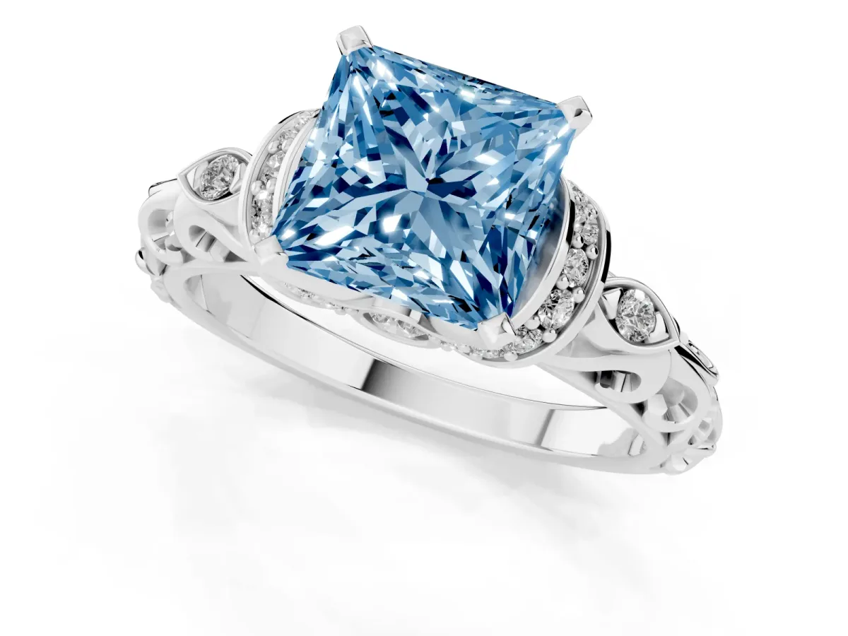 Fancy Blue Princess Cut Diamond Solitaire Ring with Filigree Band and Four-Prong Setting Platinum