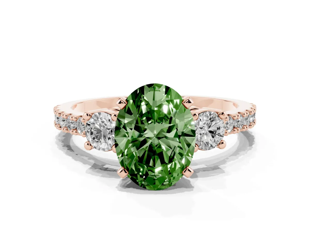 Fancy Green Oval Cut Three-Stone Diamond Pavé Band with Prong Setting Rose gold