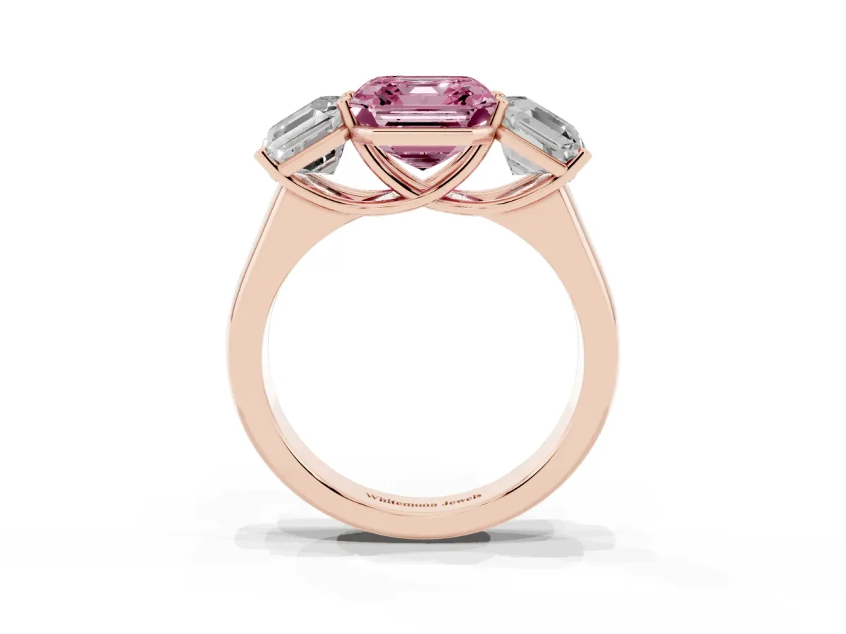 Fancy Pink Asscher Cut Three-Stone Diamond Ring with Prong Setting on a Classic Band Rose gold