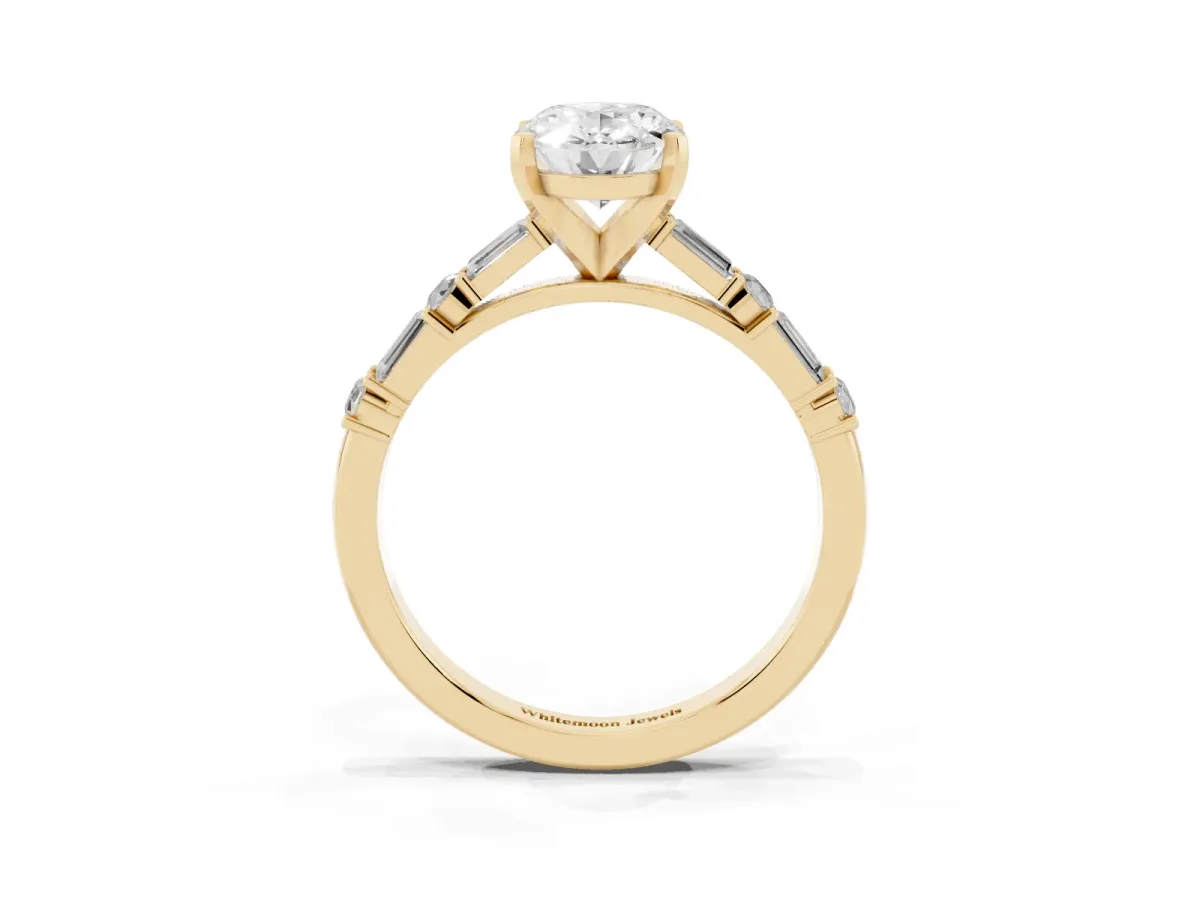 Oval Cut Diamond Solitaire with Side Baguettes and Channel Set Band Yellow gold