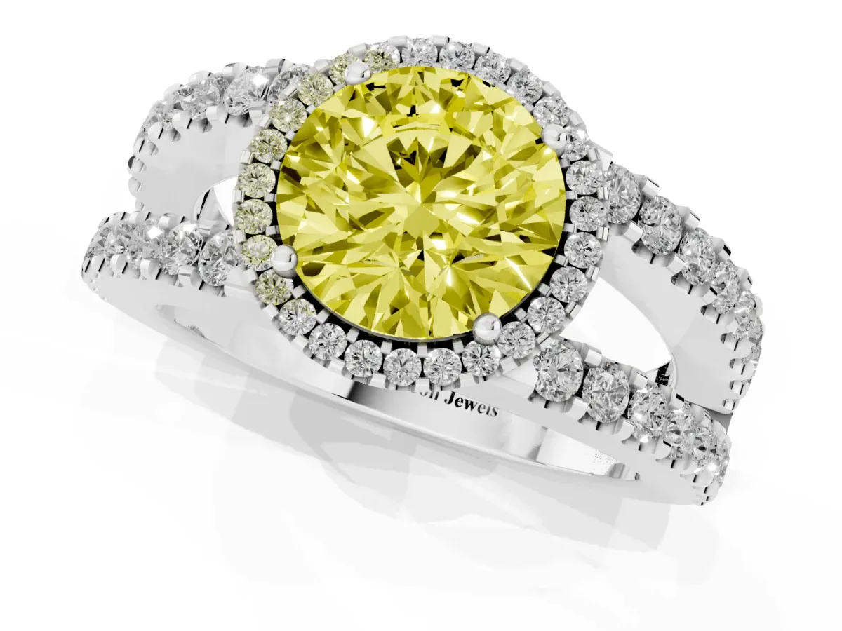 Fancy Yellow Round Cut Cut Halo Split Shank Diamond Ring with Four-Prong Setting Platinum