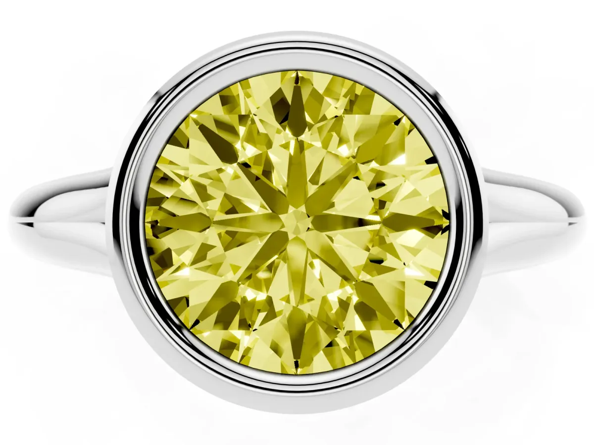 Fancy Yellow Bezel Set Round Cut Solitaire Diamond Ring with Smooth Band Platinum