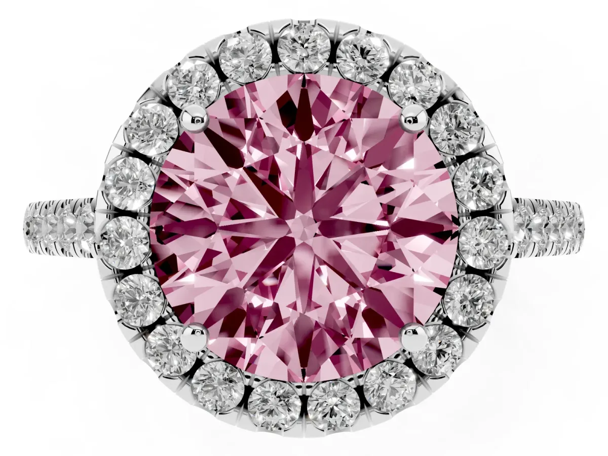 Fancy Pink Round Cut Halo Pavé Diamond Engagement Ring with Four-Prong Setting Silver