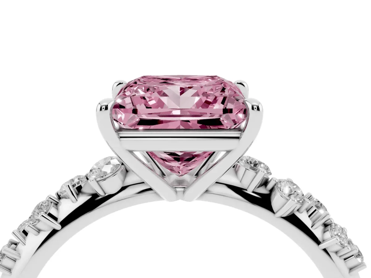 Fancy Pink Princess Cut Diamond Cluster Side Stone Solitaire Ring with Prong Setting Silver