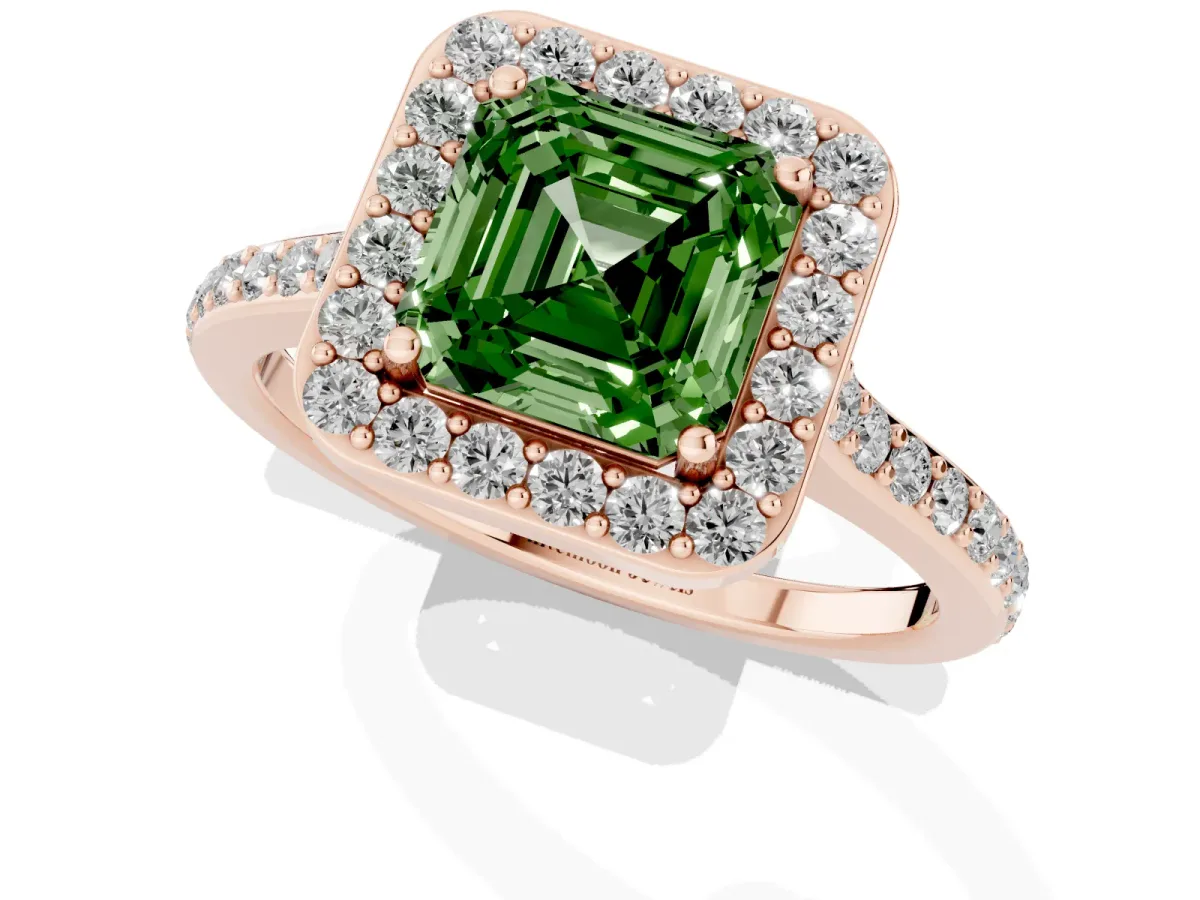Fancy Green Asscher Cut Diamond Halo Engagement Ring with Round Pavé Shoulders and Prong Setting Rose gold
