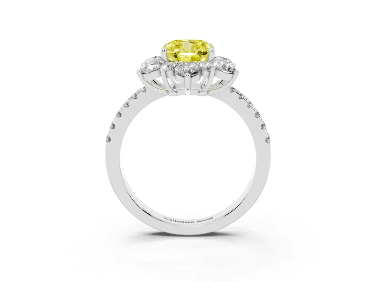 Fancy Yellow Cushion Cut Diamond Floral Halo Ring with Round Pavé Band and Prong Setting Silver