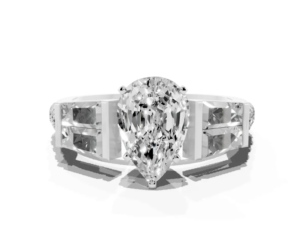 Pear Cut Diamond Engagement Ring with Baguette Side Stones and Channel Set Band Platinum