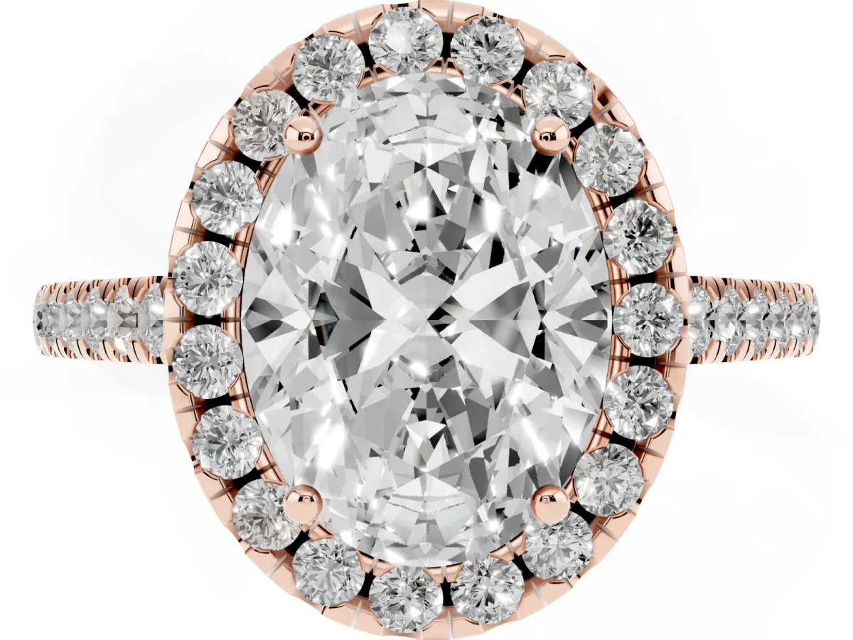 Oval Cut Halo Pavé Diamond Engagement Ring with Four-Prong Setting Rose gold