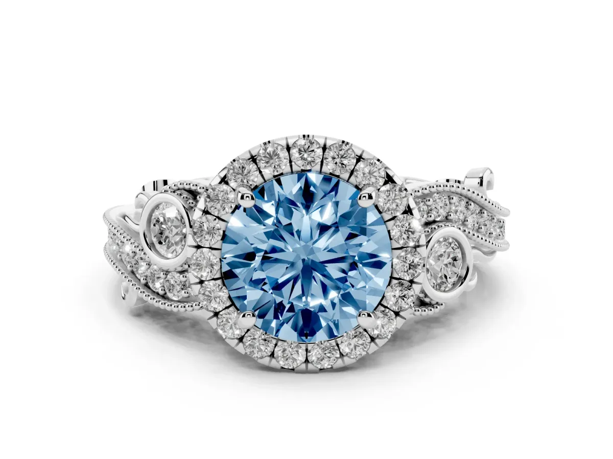 Fancy Blue Round Cut Diamond Halo Ring with Milgrain Pavé Band and Four-Prong Setting Platinum