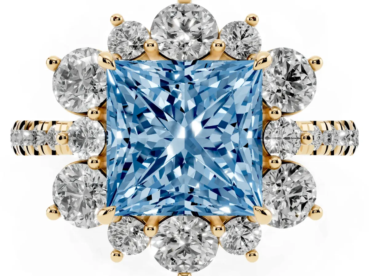 Fancy Blue Princess Cut Diamond Floral Halo Ring with Round Pavé Band and Prong Setting Yellow gold