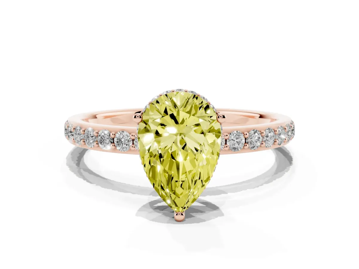 Fancy Yellow Pear Cut Diamond Solitaire Ring with Pavé Band and Hidden Halo Rose gold