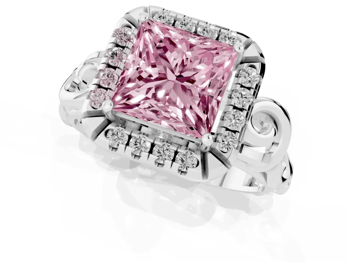 Fancy Pink Princess Cut Cut Halo Diamond Ring with Scrollwork Band and Four-Prong Setting Silver