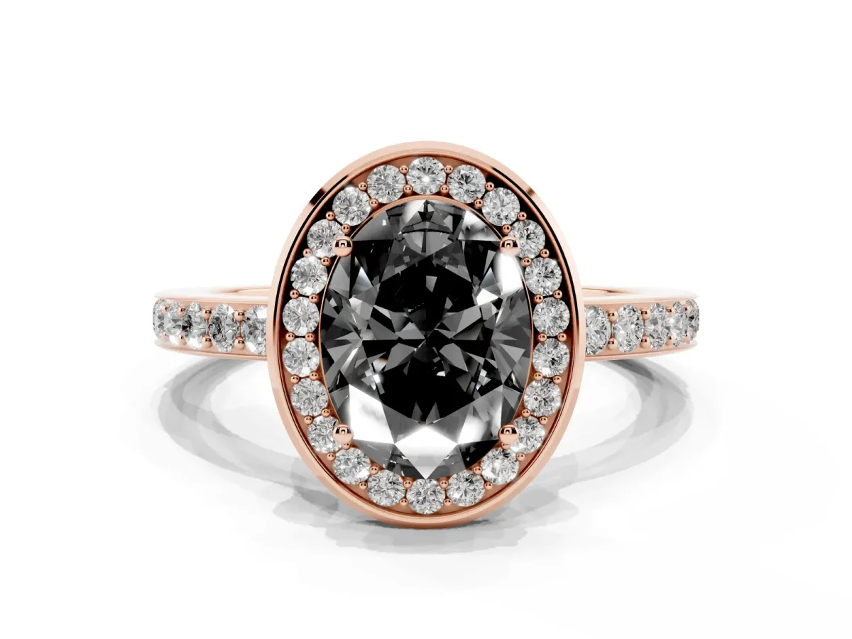 Fancy Black Oval Cut Diamond Halo Ring with Bezel Frame and Pavé Band Rose gold