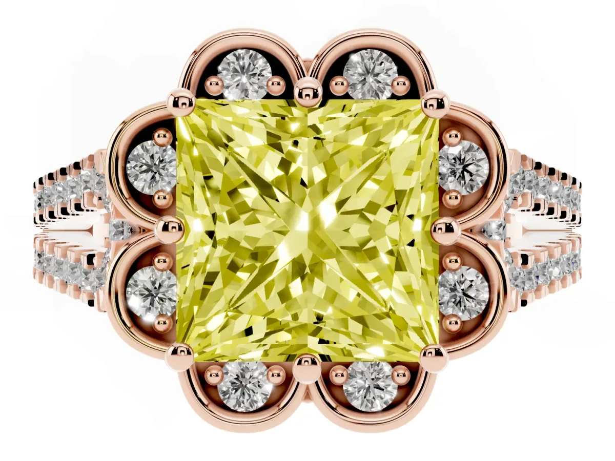 Fancy Yellow Princess Cut Halo Diamond Floral Split Shank Engagement Ring Rose gold