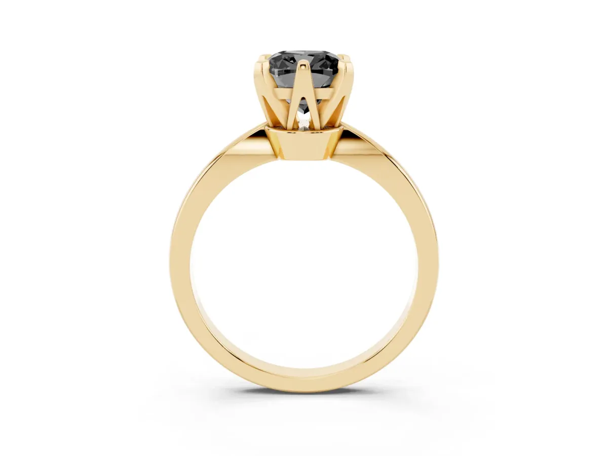 Fancy Black Cushion Cut Solitaire Engagement Ring with Six-Prong Setting and Tapered Band Yellow gold