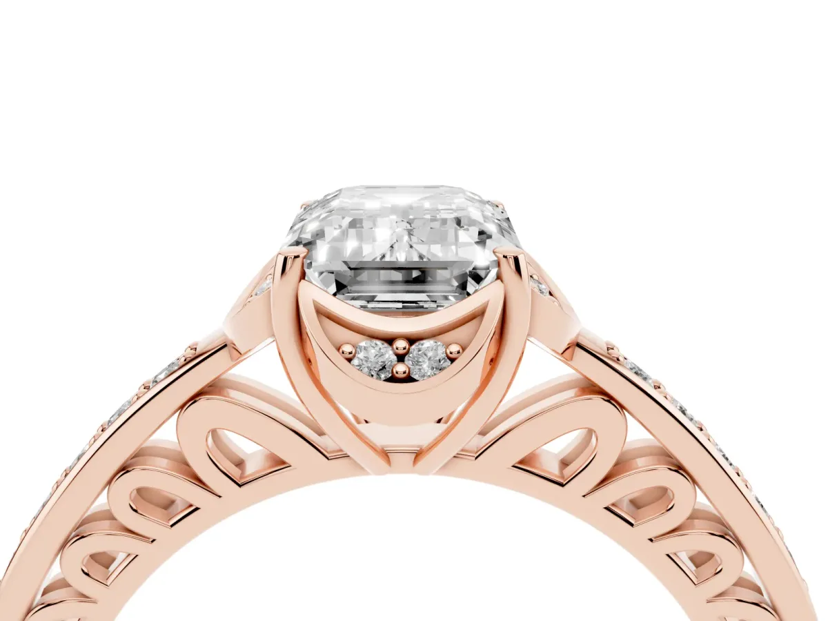 Emerald Cut Cut Halo Diamond Ring with Channel Set Band and Four-Prong Setting Rose gold