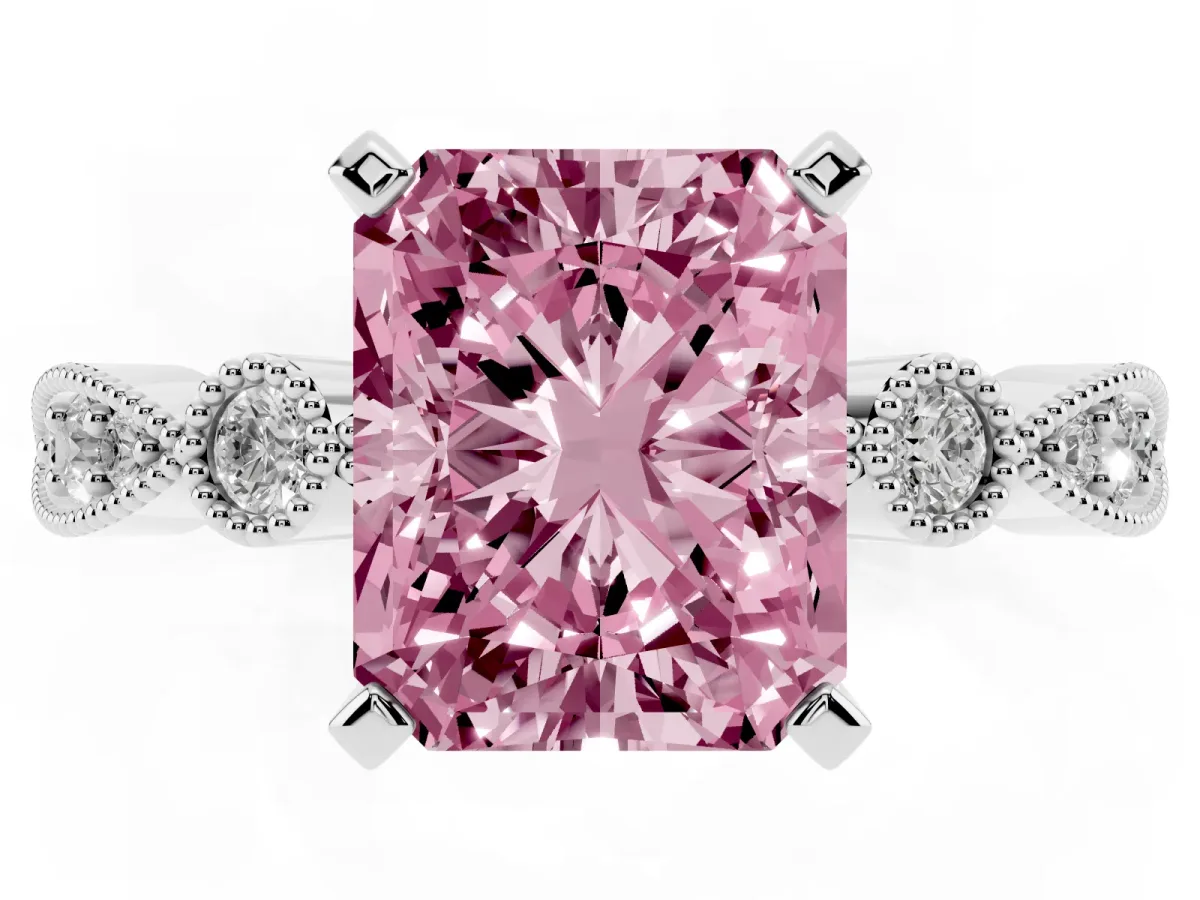 Fancy Pink Radiant Cut Milgrain Bezel Diamond Engagement Ring with Solitaire Prong Setting Silver