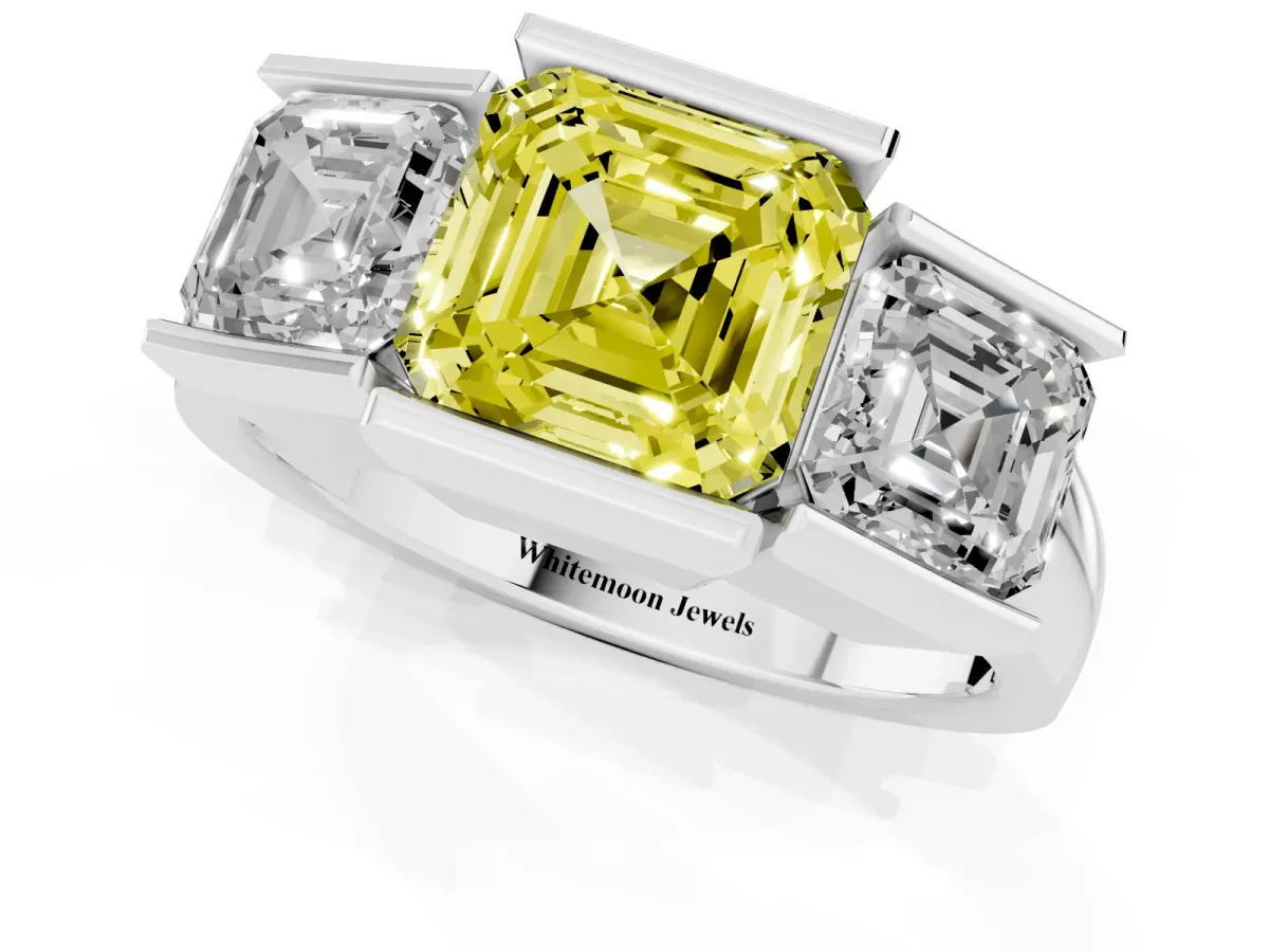 Fancy Yellow Three Stone Asscher Cut Cut Channel Set Diamond Ring Silver