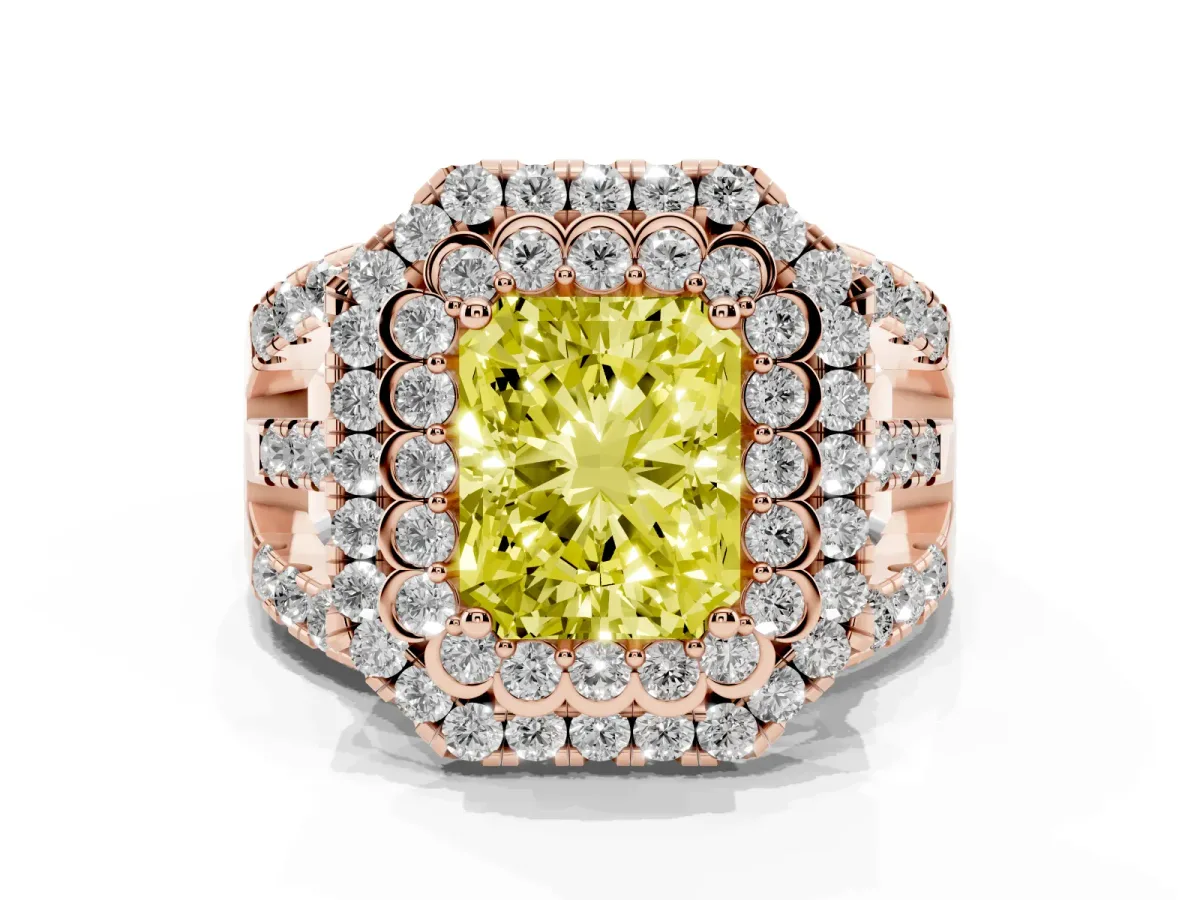 Fancy Yellow Radiant Cut Diamond Double Halo Ring with Round Pavé Split Shank and Prong Setting Rose gold