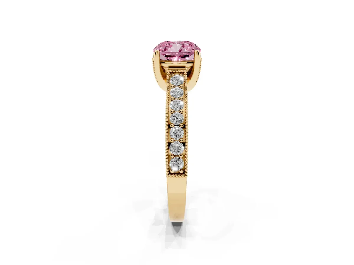 Fancy Pink Cushion Cut Cut Diamond Solitaire Ring with Milgrain Pave Band and Four Prong Setting Yellow gold