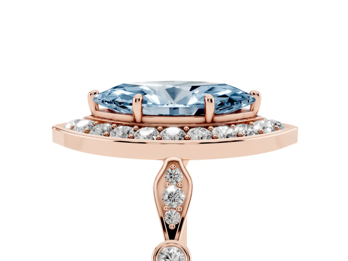 Fancy Blue Marquise Cut Halo Diamond Engagement Ring with Twisted Band and Four-Prong Setting Rose gold