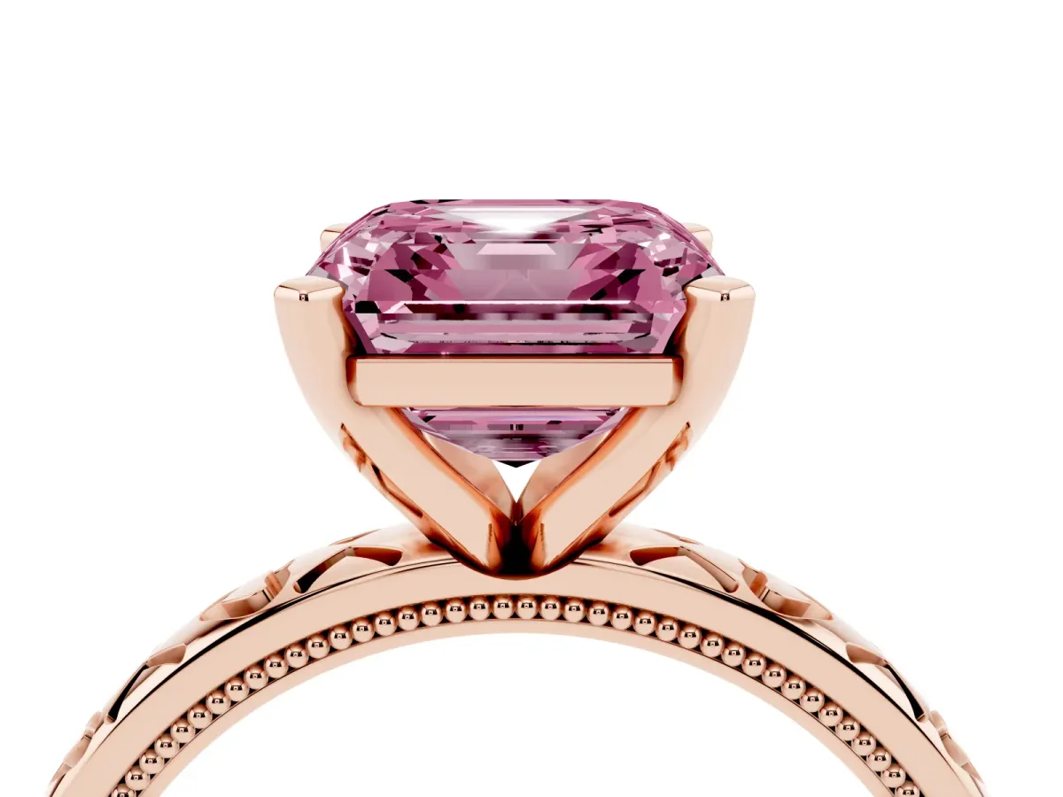 Fancy Pink Asscher Cut Solitaire Diamond Engagement Ring with XO Engraved Band and Four-Prong Setting Rose gold