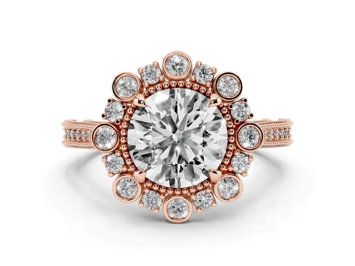 Round Cut Halo Milgrain Pave Diamond Ring with Four-Prong Setting Rose gold