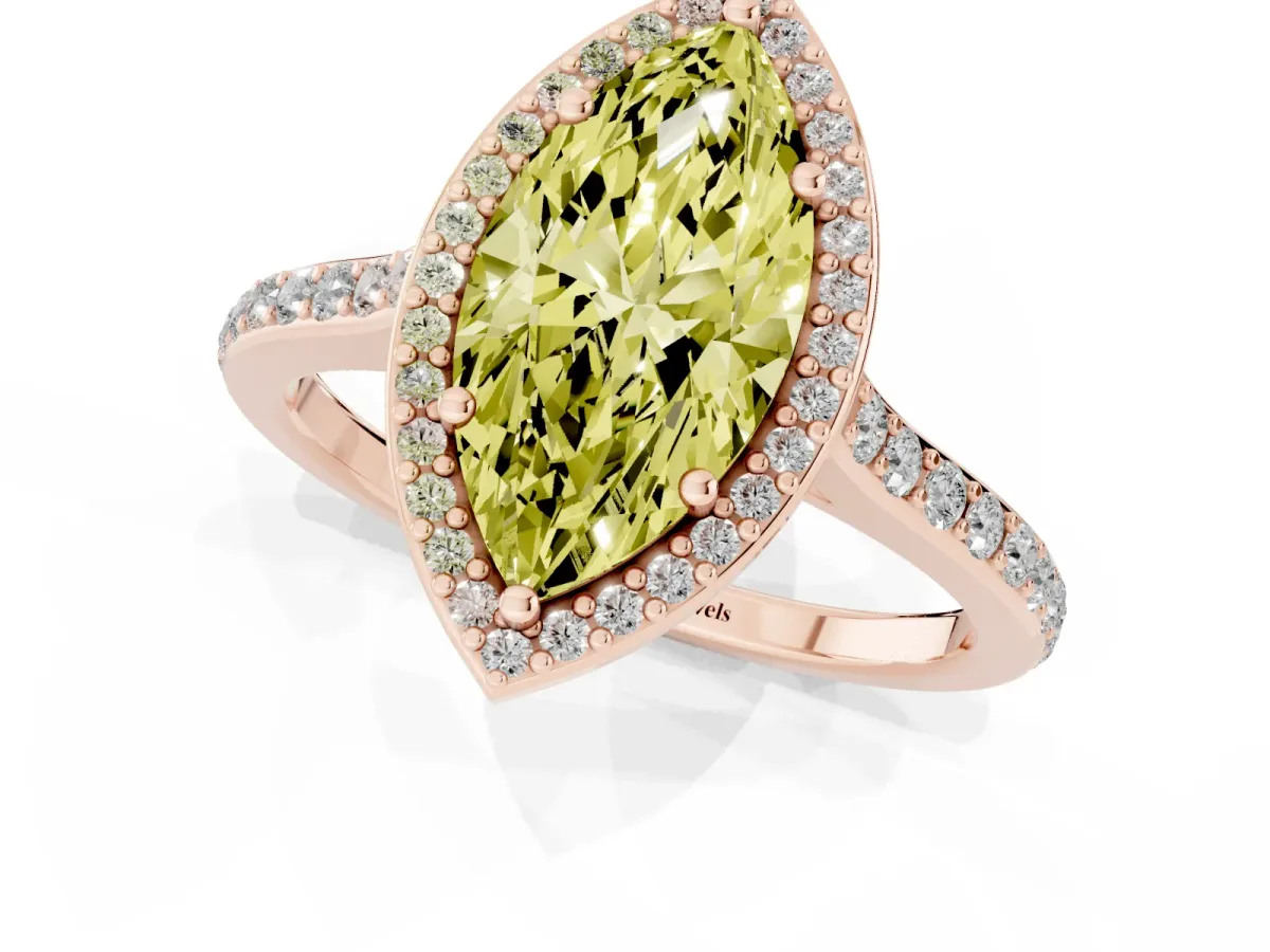 Fancy Yellow Marquise Cut Diamond Halo Engagement Ring with Round Pavé Shoulders and Prong Setting Rose gold