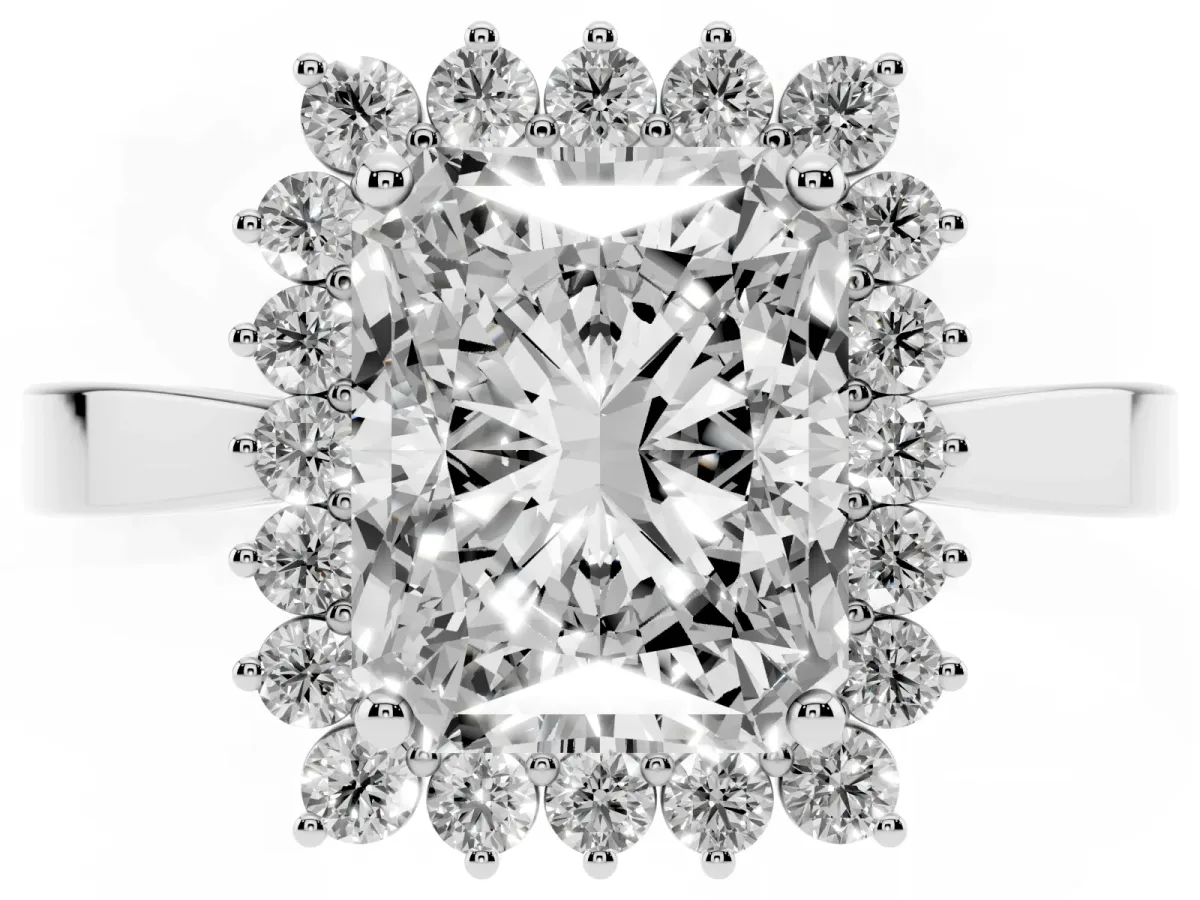 Radiant Cut Cut Diamond Halo Ring with Round Brilliant Halo and Solitaire Band Platinum