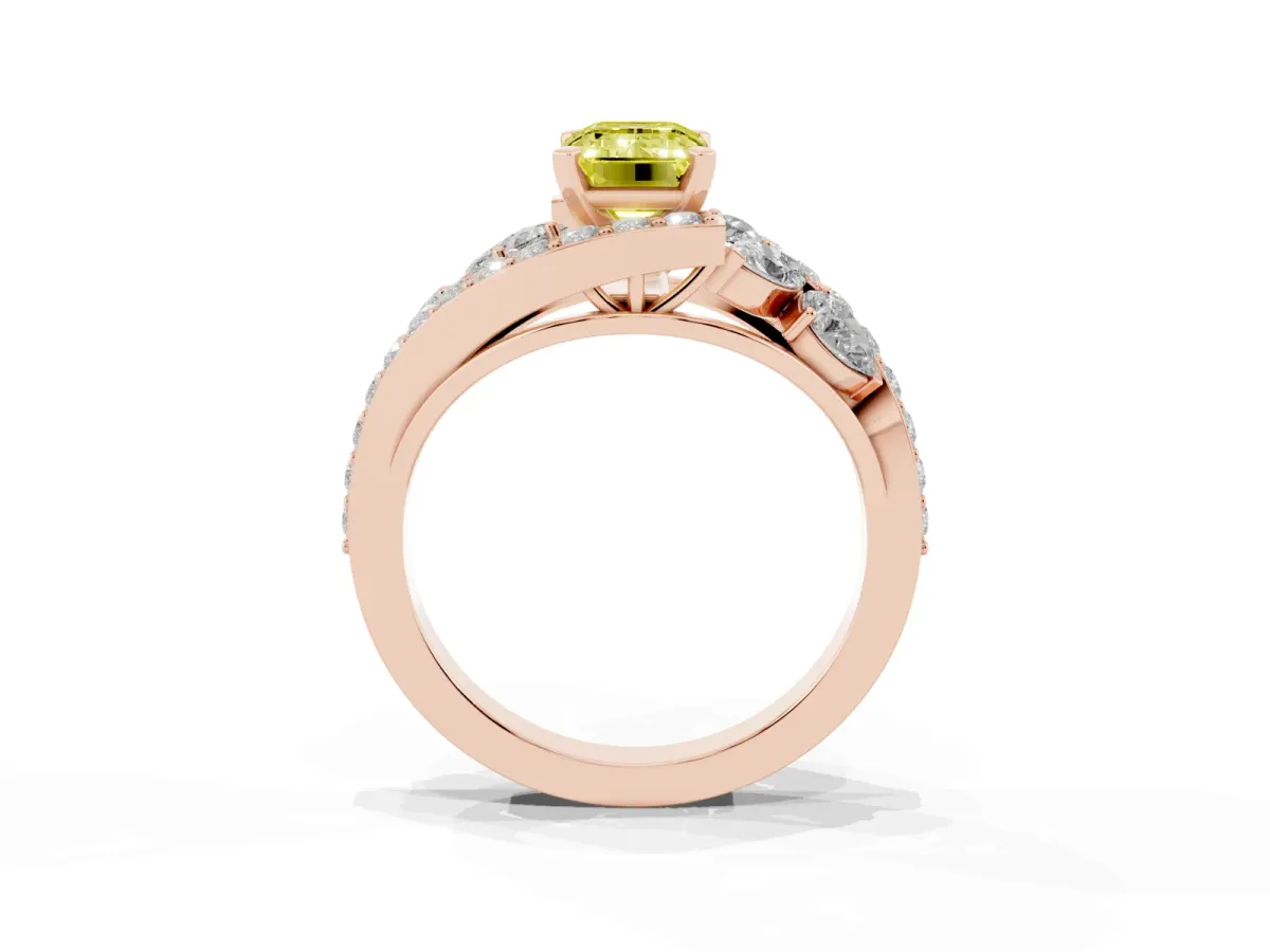 Fancy Yellow Emerald Cut Diamond Halo Ring with Marquise and Pavé Band in Prong Setting Rose gold