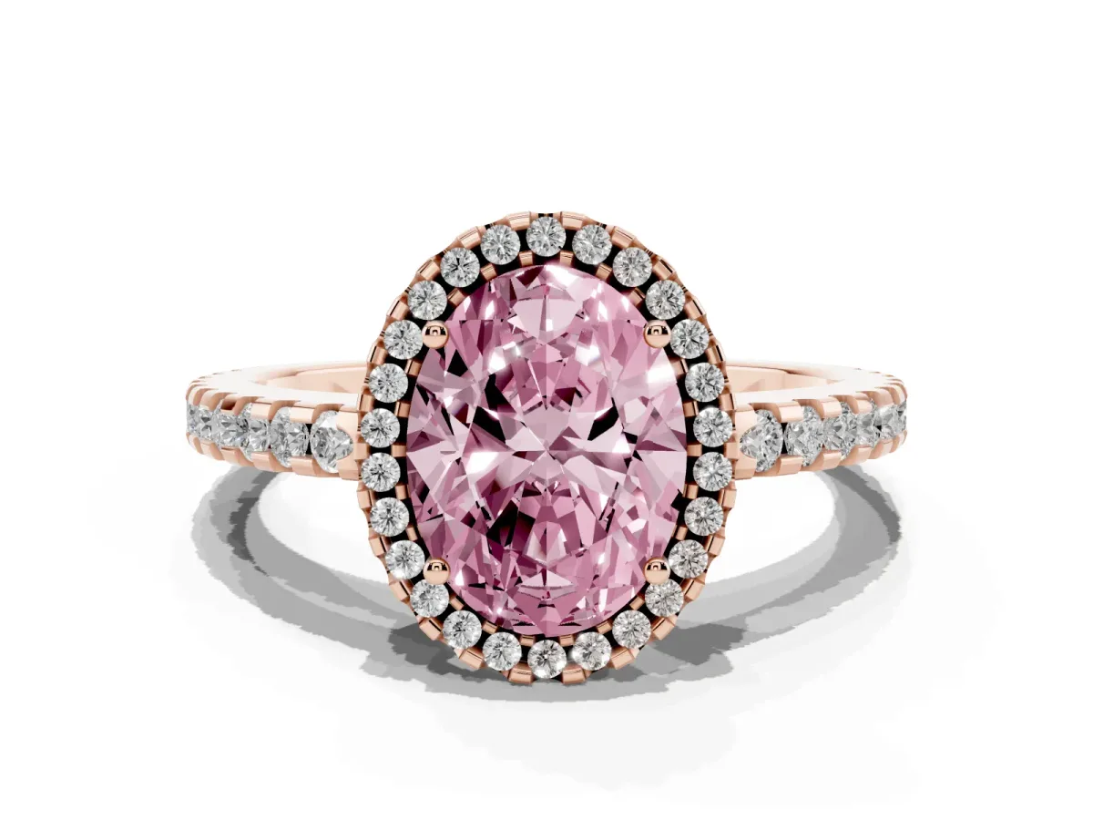 Fancy Pink Oval Cut Diamond Halo Engagement Ring with Pavé Band and Prong Setting Rose gold