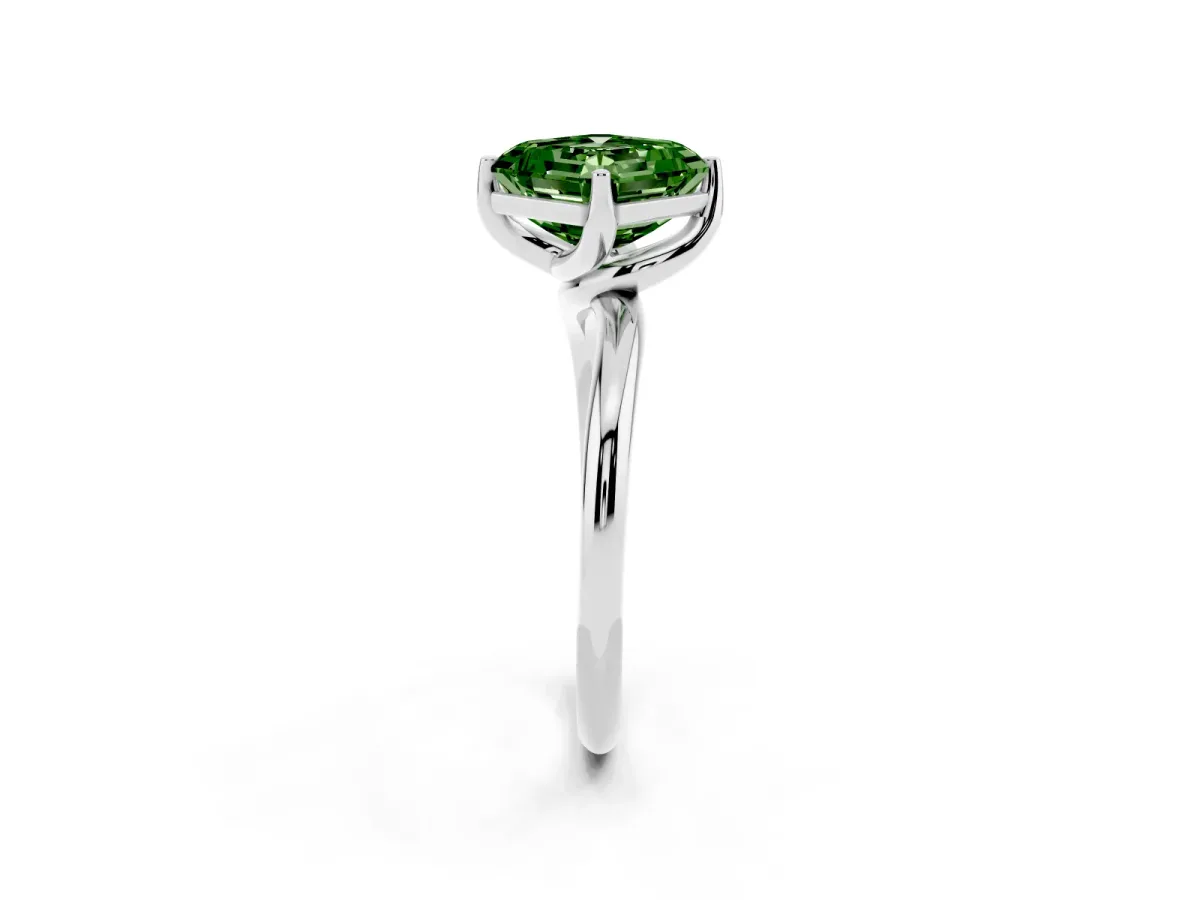 Fancy Green Asscher Cut Diamond Solitaire Engagement Ring with Four-Prong Setting and Classic Band Silver