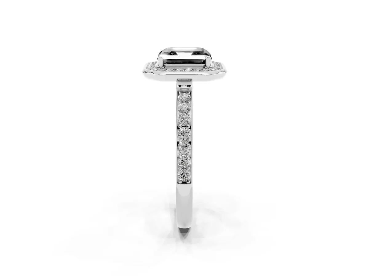 Fancy Black Asscher Cut Diamond Halo Ring with Bezel Frame and Pavé Band Silver