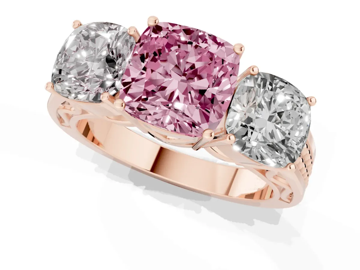 Fancy Pink Cushion Cut Diamond Three-Stone Ring with Prong Setting and Textured Band Rose gold