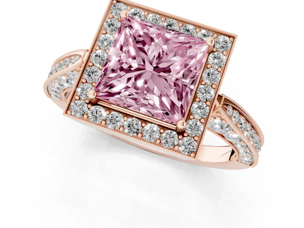 Fancy Pink Princess Cut Halo Diamond Engagement Ring with Split Shank Band and Four-Prong Setting Rose gold