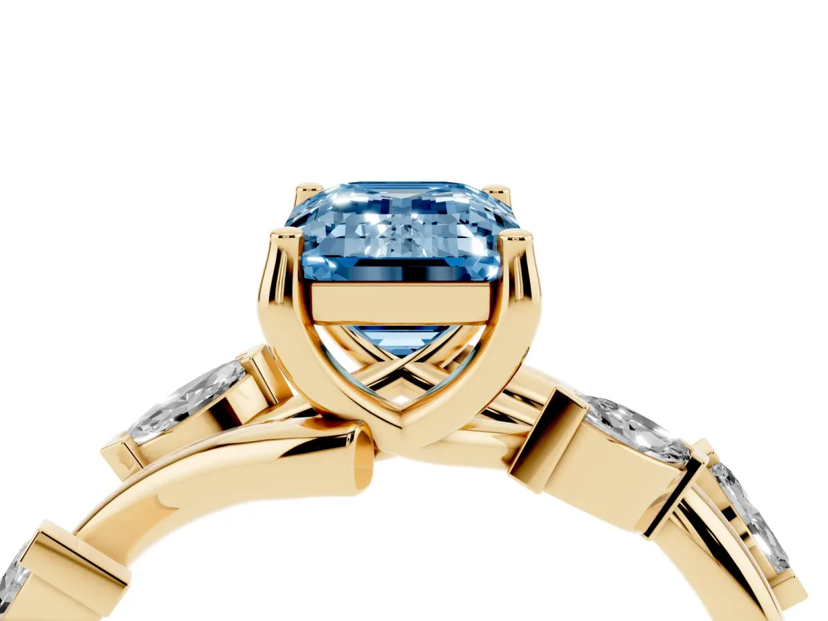 Fancy Blue Emerald Cut Solitaire Twisted Band Marquise Accent Prong Setting Ring Yellow gold