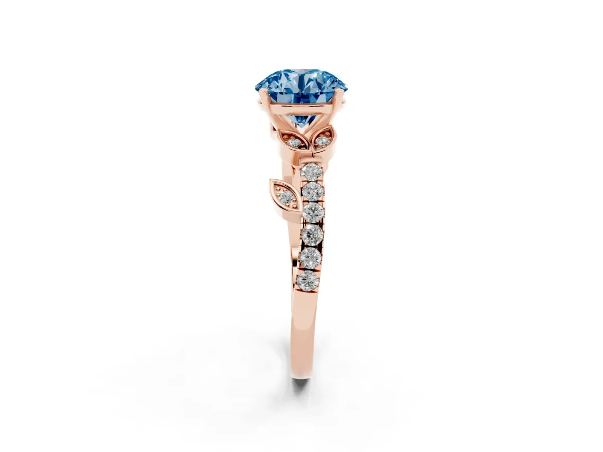 Fancy Blue Round Cut Solitaire Leaf-Inspired Diamond Ring with Pavé Band and Four-Prong Setting Rose gold