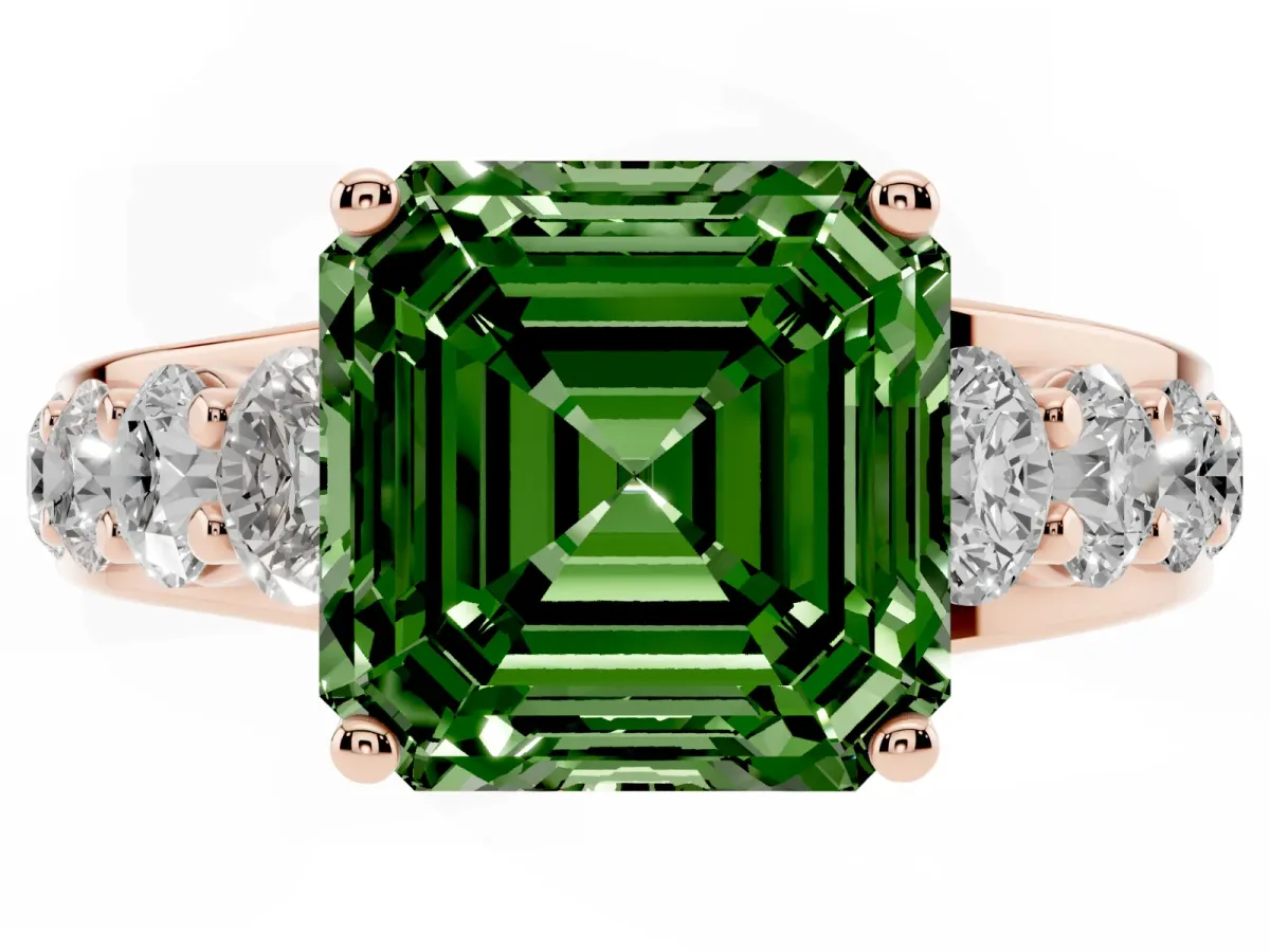 Fancy Green Asscher Cut Diamond Engagement Ring with Pavé Band and Four-Prong Setting Rose gold